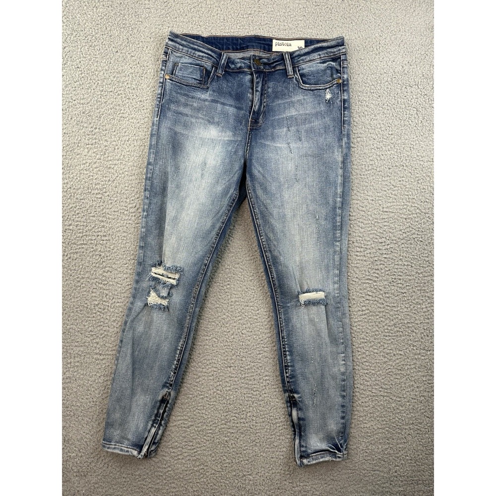 Pistola Distressed Skinny Jeans Womens 30 Light Wash Zipper Hem Ripped Knee P650
